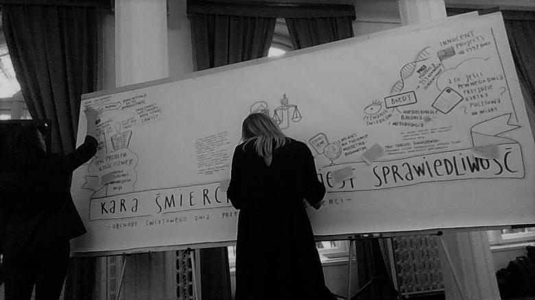 Kobiety rysują na dużej bialej kartce w cużej części zapełnionej