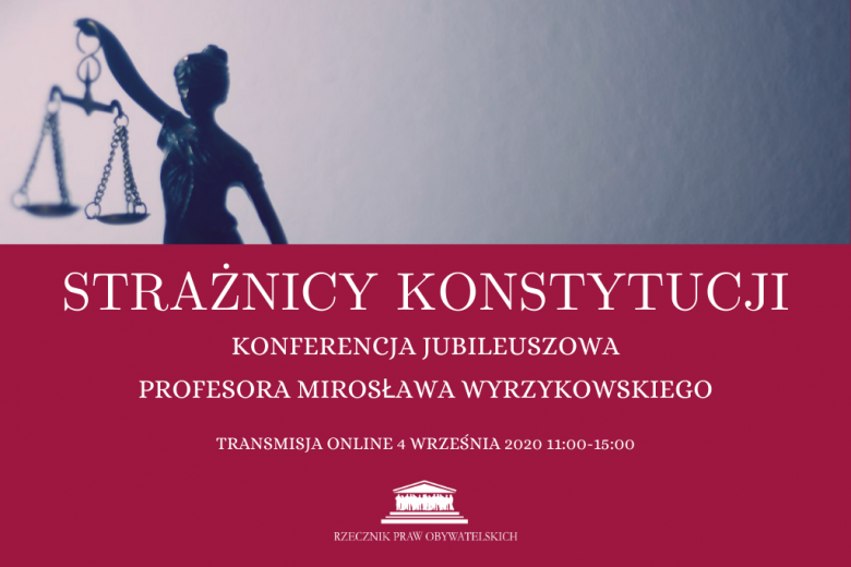 Plakat wydarzenia ze zdjęciem statuetki przedstawiającej sprawiedliwość