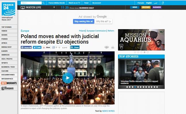 zdjęcie: fragment strony France24 z artykułem o sytuacji w Polsce