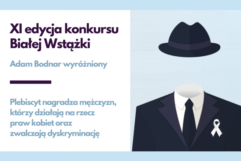 Plakat wydarzenia z grafiką mężczyzny w garniturze i meloniku, z przypiętą białą wstążką