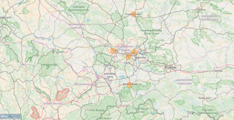 Mapa województwa śląskiego z zaznaczonymi miejscowościami