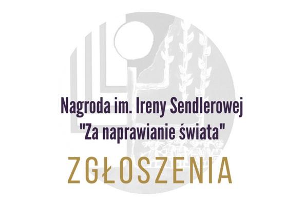grafika: okrągły symbol nagrody z napisem: Nagroda im. Sendlerowej "za naprawianie świata" Zgłoszenia