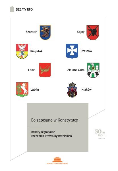 grafika: biała okładka z herbami sześciu miast oraz napis: Co zapisano w Konstytucji. Debaty RPO