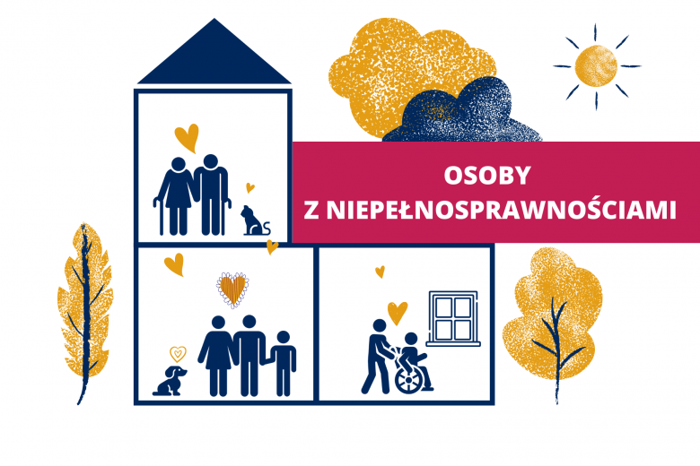 Grafika - ludzie osobno, ale się wspierają. Napis "Osoby z niepełnosprawnisciami"