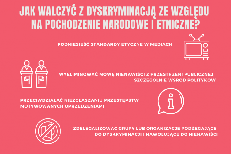 czerwona plansza z zaleceniami dotyczącymi zwalczania dyskryminacji