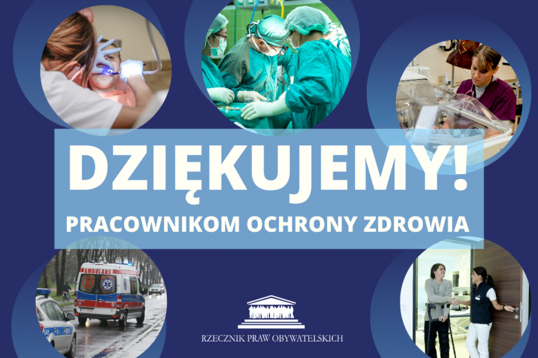 dziękujemy pracownikom ochrony zdrowia - granatowa grafika z ich zdjęciami 