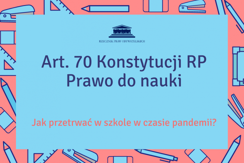 czerowno-niebieska plansza z napisem Prawo do nauki oraz wskazaniem art.70 Konstytucji