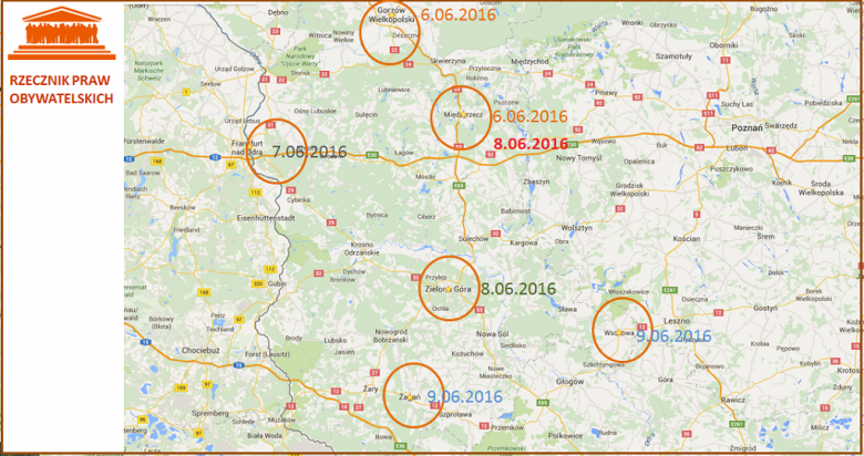 Mapa Lubuskiego z zaznaczonymi miejscowościami