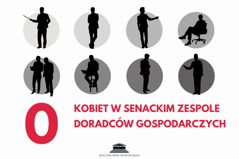 grafika z sylwetkami mężczyzn i czerwonym napisem 0 kobiet w zespole doradców gospodarczych w Senacie