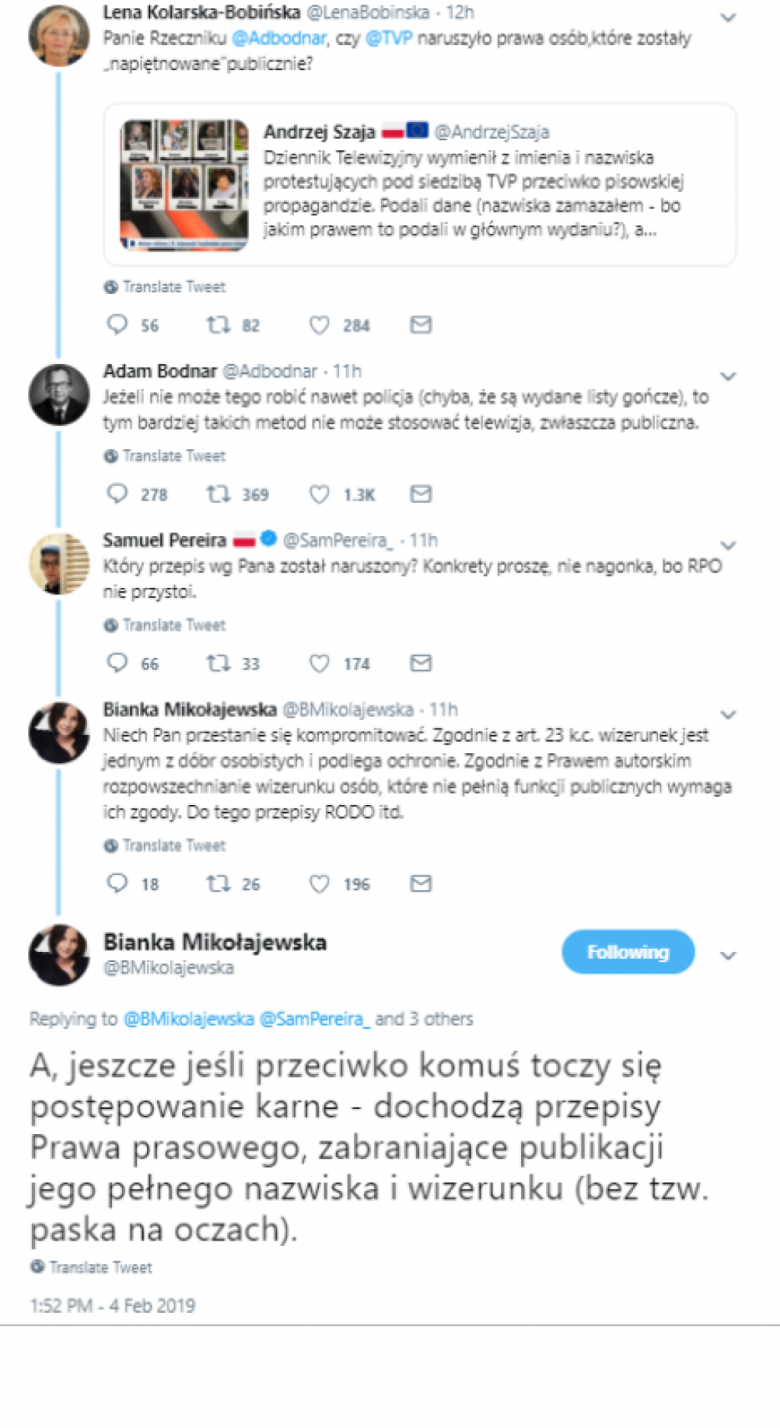 Screen z twittem Adama Bodnara: Jeżeli nie może tego robić nawet policja (chyba, że są wydane listy gończe), to tym bardziej takich metod nie może stosować telewizja, zwłaszcza publiczna.