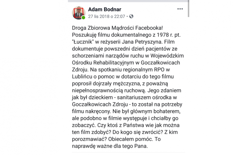 Zdjęcie wpisu na Facebooku (treść cytowana w tekście)