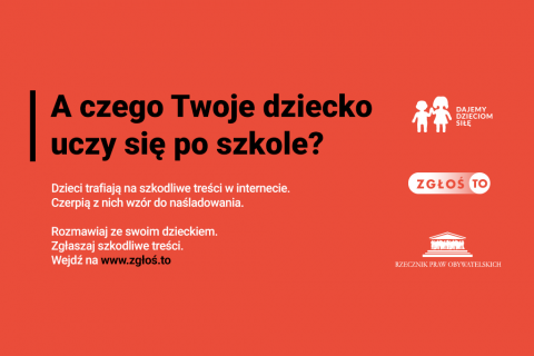 czerwona plansza z napisem- A czego Twoje dziecko uczy się po szkole? 