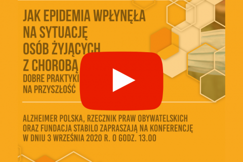 Plakat konferencji z czerwonym okienkiem Play z białą strzałką pośrodku