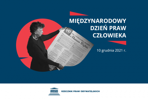 Grafika przedstawiająca kobietę trzymającą Powszechną Deklarację Praw Człowieka podpisana "Międzynarodowy Dzień Praw Człowieka - 10 grudnia 2021 r."