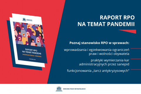 grafika z tekstem "Poznaj stanowisko RPO w sprawach: wprowadzania i egzekwowania ograniczeń praw i wolności obywatela, praktyki wymierzania kar administracyjnych przez sanepid, funkcjonowania tarcz antykryzysowych" i ilustracją przedstawiającą ludzi w maseczkach na twarzy