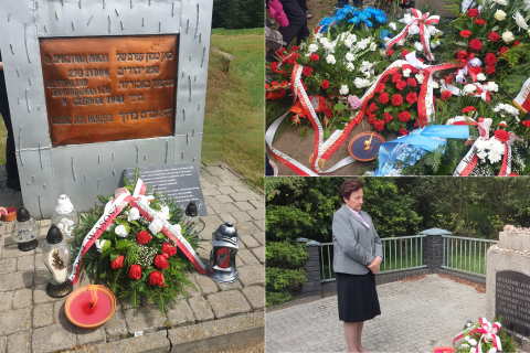 Kolaż zdjęć przedstawiających: obelisk upamiętniający ofiary pogromu z napisem o treści "Tu spoczywają prochy 250żydów bestialsko zamordowanych w czerwcu 1941 - cześć ich pamięci" w języku polskim i hebrajskim, wieńce i znicze złożone pod obeliskiem oraz ZRPO Hannę Machińską stojącą w zamyśleniu przed pomnikiem