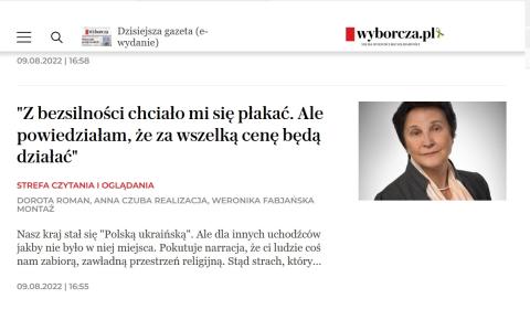 Zrzut ekranu wywiadu z Hanną Machińską na stronie Gazety Wyborczej