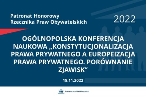 Na granatowym tle biały napis o treści: Patronat Honorowy Rzecznika Praw Obywatelskich 2022 Ogólnopolska Konferencja Naukowa „Konstytucjonalizacja prawa prywatnego a europeizacja prawa prywatnego. Porównanie zjawisk”, na dole data 18 listopada 2022