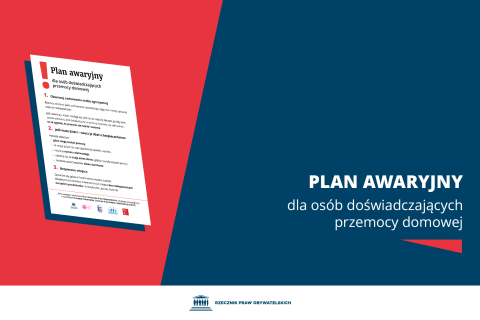 Plansza z tekstem "Plan awaryjny dla osób doświadczających przemocy domowej" i okładką publikacji