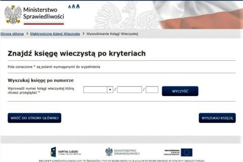 wygląd strony internetowej z wyszukiwarką ksiąg wieczystych