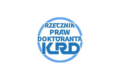 Grafika w kolorze niebieskim z napisem "Rzecznik Praw Doktoranta KRS" umieszczonym wewnątrz koła