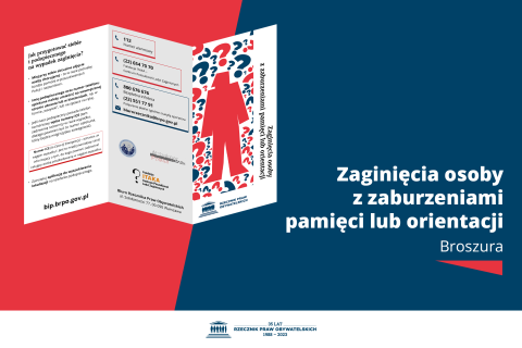 Plansza z tekstem "Zaginięcia osoby z zaburzeniami pamięci i orientacji - Broszura" i ilustracją przedstawiającą broszurę