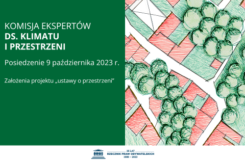 Plansza z tekstem "Komisja Ekspertów ds. Klimatu i Przestrzeni - posiedzenie 9 października 2023 r. - założenia projektu "ustawy o przestrzeni" i ilustracją przedstawiającą rysunek urbanistyczny