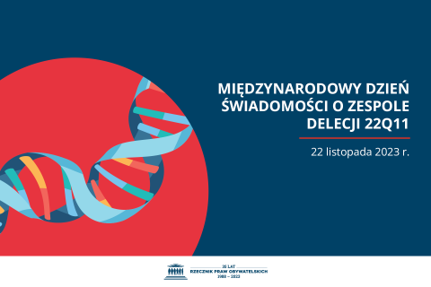 Plansza z tekstem "Międzynarodowy Dzień Świadomości o Zespole Delecji 22q11 - 22 listopada 2023 r." i ilustracją przedstawiającą strukturę DNA