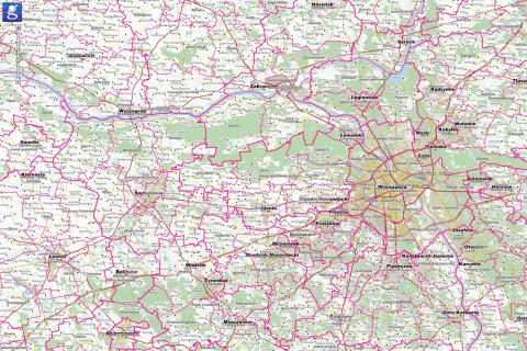 Mapa administracyjna z widocznymi obrysami granic gmin