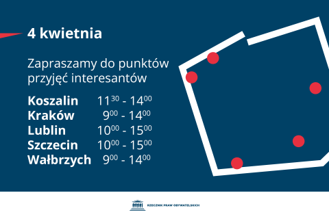 Plansza z tekstem "4 kwietnia zapraszamy do punktów przyjęcia interesantów: Koszalin - 11.30-14.00 - Kraków - 9:00-14:00 - Lublin - 10:00-15:00 - Szczecin - 10:00-15:00 - Wałbrzych - 9:00-14:00"