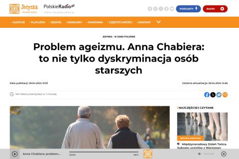 Zrzut ekrany strony internetowej z tytułem "Problem ageizmu. Anna Chabiera: to nie tylko dyskryminacja osób starszych" i wywiadem