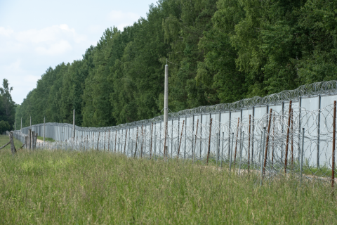 wysoki płot na skraju łąki z lasem zapora na granicy