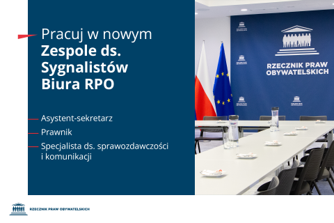 Plansza z tekstem "Pracuj w nowym Zespole ds. Sygnalistów Biura RPO - Asystent-sekretarz-prawnik-specjalista ds. sprawozdawczości i komunikacji" i ilustracją przedstawiającą przygotowany do spotkania stół w sali konfernecyjnej