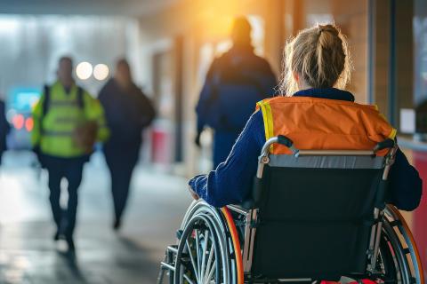 Osoba poruszająca się na wózku, ubrana w odlbaskową kamizelkę, stoi przodem do idących w jej stronę osób w strojach ratowników