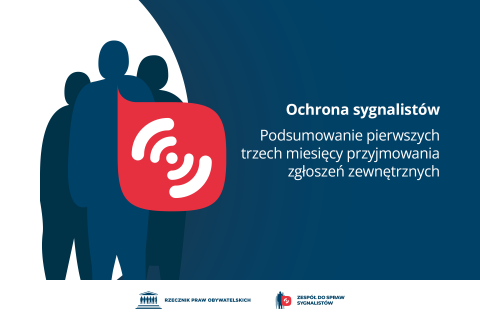 Plansza z tekstem "Ochrona sygnalistów - podsumowanie pierwszych trzech miesięcy przyjmowania zgłoszeń zewnętrznych"