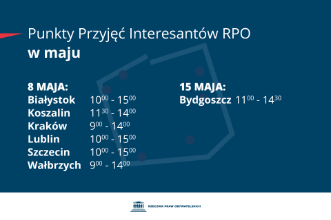Plansza z tekstem "Punkty Przyjęć Interesantów RPO w maju - 8 maja: Białystok 10:00-15:00; Koszalin 11:30-14:00; Kraków 9:00-14:00; Lublin 10:00-15:00; Szczecin 10:00-15:00; Wałbrzych 9:00-14:00 - 15 maja: Bydgoszcz 11:00-14:00"