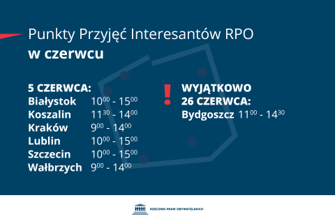 Plansza z tekstem "Punkty Przyjęć Interesantów RPO w czerwcu - 5 czerwca - Białystok 10:00-15:00, Koszalin 11:30-14:00, Kraków 9:00-14:00, Lublin 10:00-15:00, Szczecin 10:00-15:00, Wałbrzych 9:00-14:00. Wyjątkowo 26 czerwca: Bydgoszcz 11:00-14:30"