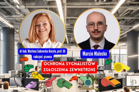 Grafika przedstawiająca biuro, w którym kilka osób siedzi przy biurkach, na których leżą laptopy. Na grafice są dwa zdjęcia, przedstawiające: Marcina Malecko oraz Marleną Sakowską-Baryłą 