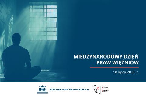 grafika z osobą patrzącą w zakratowane okno i tekstem międzynarodowy dzień praw więźniów