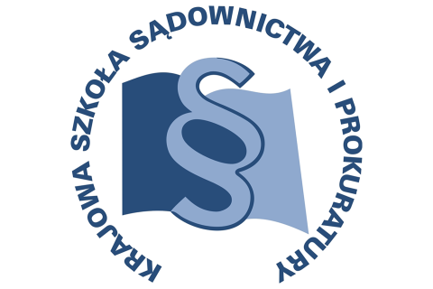 Symbol paragrafu z dookolnym tekstem Krajowa Szkoły Sądownictwa i Prokuratury 
