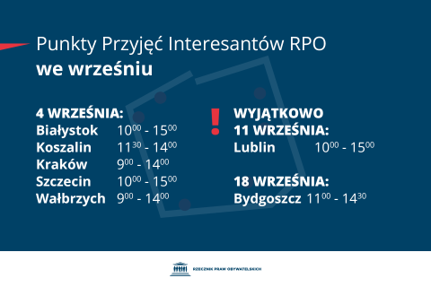 Plansza z tekstem "Punkty Przyjęć Interesantów RPO we wrześniu - 4 września - Białystok 10:00-15:00, Koszalin 11:30-14:00, Kraków 9:00-14:00, Szczecin 10:00-15:00, Wałbrzych 9:00-14:00 - Wyjątkowo 11 września: Lublin 10:00-15:00 - 18 września: Bydgoszcz 11:00-14:30"