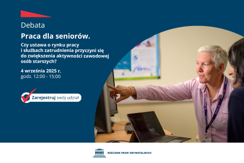 Plansza z tekstem "Praca dla seniorów. Czy ustawa o rynku pracy i służbach zatrudnienia przyczyni się do zwiększenia aktywności zawodowej osób starszych? - 4 sierpnia 2025 r. godz. 12:00-15:00 - Zarejestruj swój udział" i ilustracją przedstawiającą dwie kobiety dyskutujące przy biurku w biurze