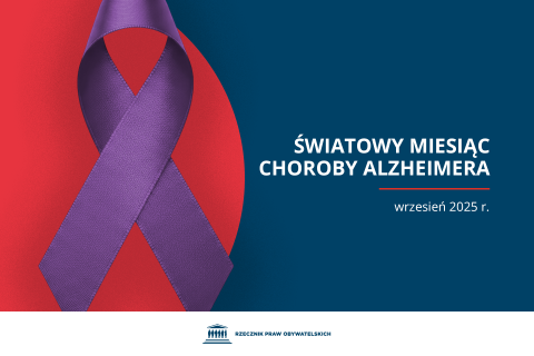 Plansza z tekstem "Światowy Miesiąc Choroby Alzheimera - wrzesień 2025 r." i ilustracją przedstawiającą fioletową wstążkę