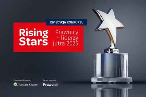 Plansza z tekstem "Rising Stars - Prawnicy - liderzy jutra 2025 - XIV edycja konkursu" i ilustracją przedstawiającą statuetkę nagrody