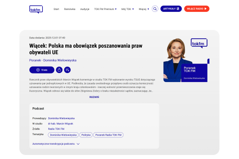 obraz  strony internetowej TOK FM z fotografią osoby i tekstem 