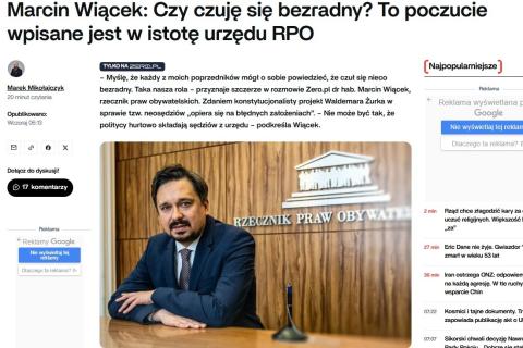 Wywiad dla portalu Zero.pl, rzut ekranu ze zdjęciem Marcina Wiącka