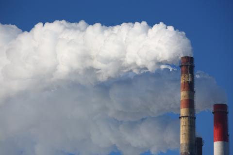 Gęsty, biały dym unoszący się z wysokich kominów na tle niebieskiego nieba
