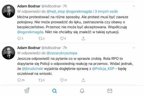 Screen z tekstem: Można protestować na różne sposoby. Ale protest musi być zawsze pokojowy. Nie może prowadzić do lęku, zastraszenia czy obawy o bezpieczeństwo. Przemoc nie może być akceptowana. Współczuję @ogorekmagda.