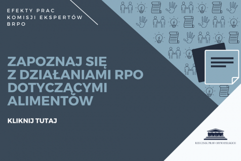 granatowa plansza z napisem "Kliknij tutaj by zapoznać się z działaniami RPO dotyczącymi ALIMENTÓW"