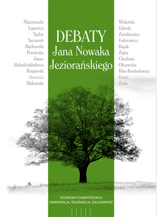 Biała okładka z zielonym pasem i sylwetką drzewa bez liści